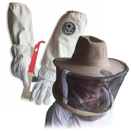 GOOD LAND BEE SUPPLY Gloves w/Canvas Sleeves & Beekeeping Hat Includes Round Veil - Medium & J-Hook Beehive Scraper Tool GL-GLV-JHK-VL-MED